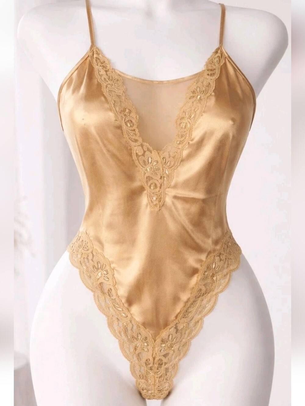 VTG Delicates Gold Satin Lace Bodysuit High Cut Thong Lingerie 90s Sz Medium NWT